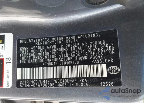 2015 Toyota Avalon Xle/Premium/Touring/Ltd from USA, damaged, VIN 4T1BK1EB3FU165220